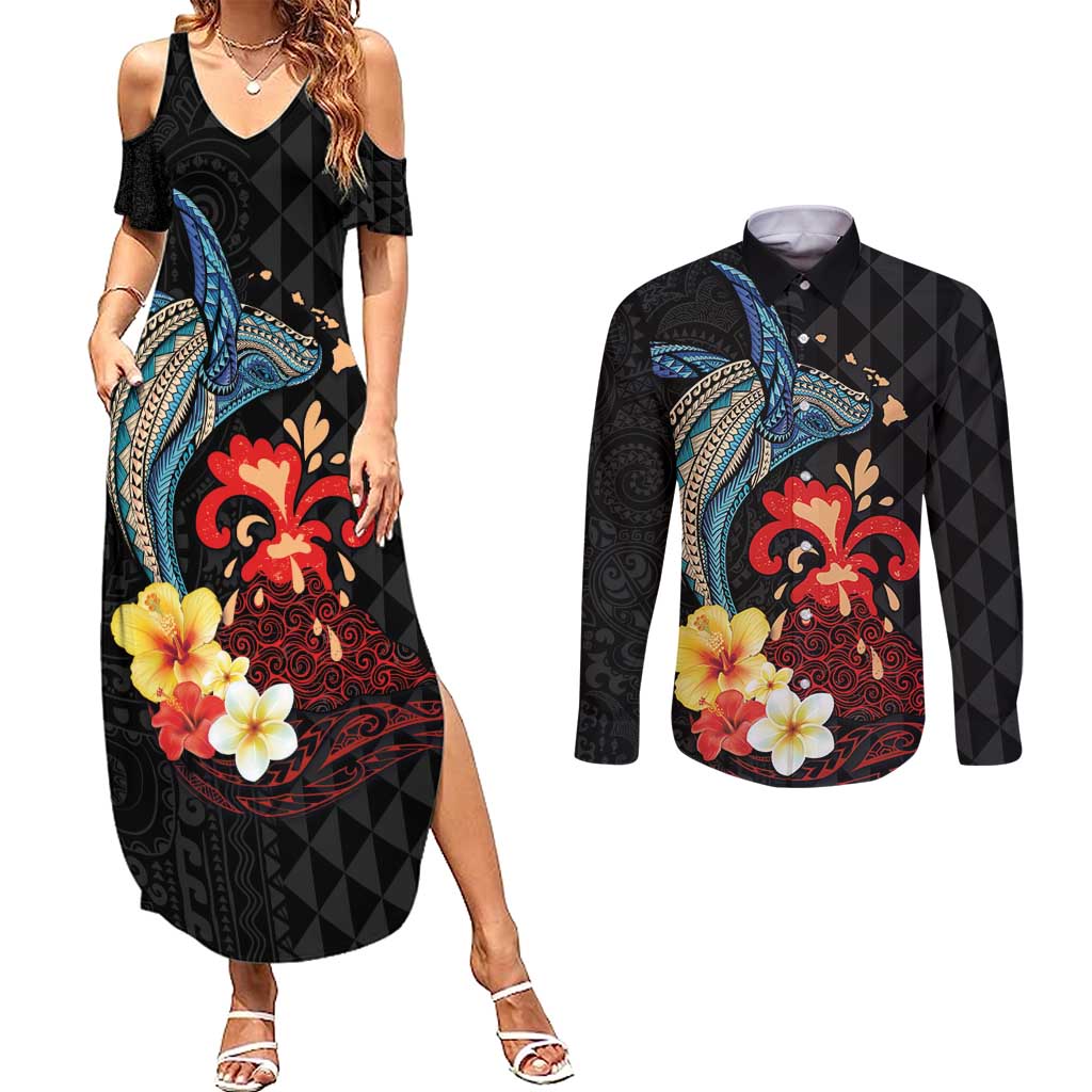 Hawaiian Whale and Volcanic Eruption Couples Matching Summer Maxi Dress and Long Sleeve Button Shirt Hibiscus and Kakau Pattern LT03 Black - Polynesian Pride
