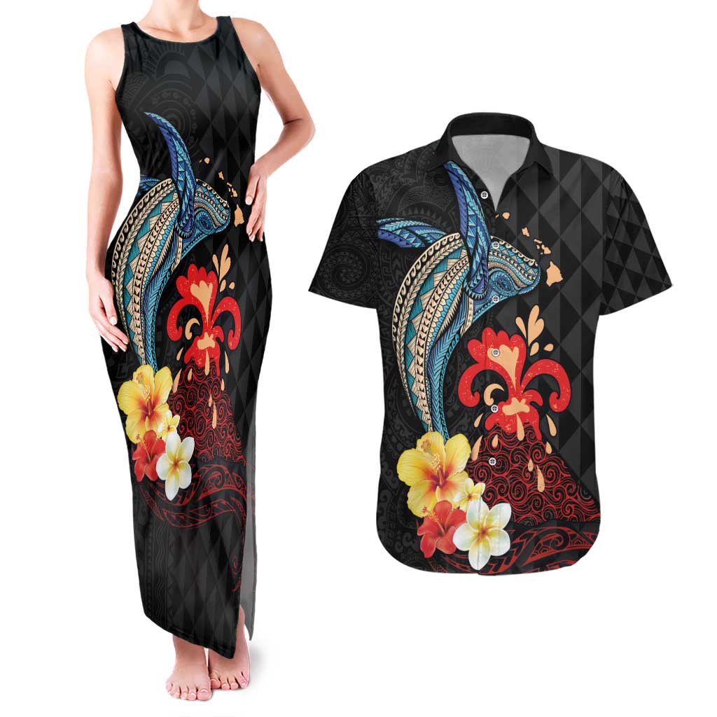 Hawaiian Whale and Volcanic Eruption Couples Matching Tank Maxi Dress and Hawaiian Shirt Hibiscus and Kakau Pattern LT03 Black - Polynesian Pride