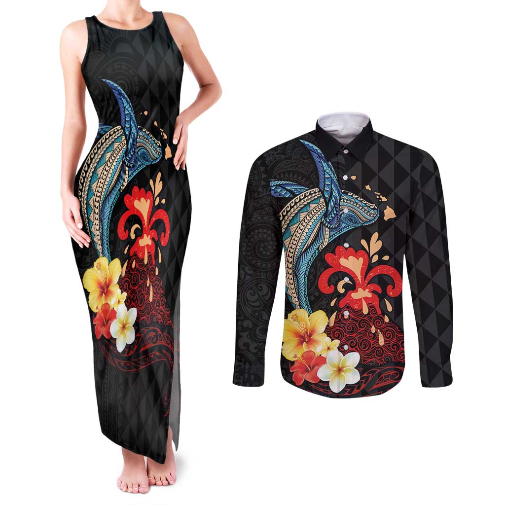 Hawaiian Whale and Volcanic Eruption Couples Matching Tank Maxi Dress and Long Sleeve Button Shirt Hibiscus and Kakau Pattern LT03 Black - Polynesian Pride