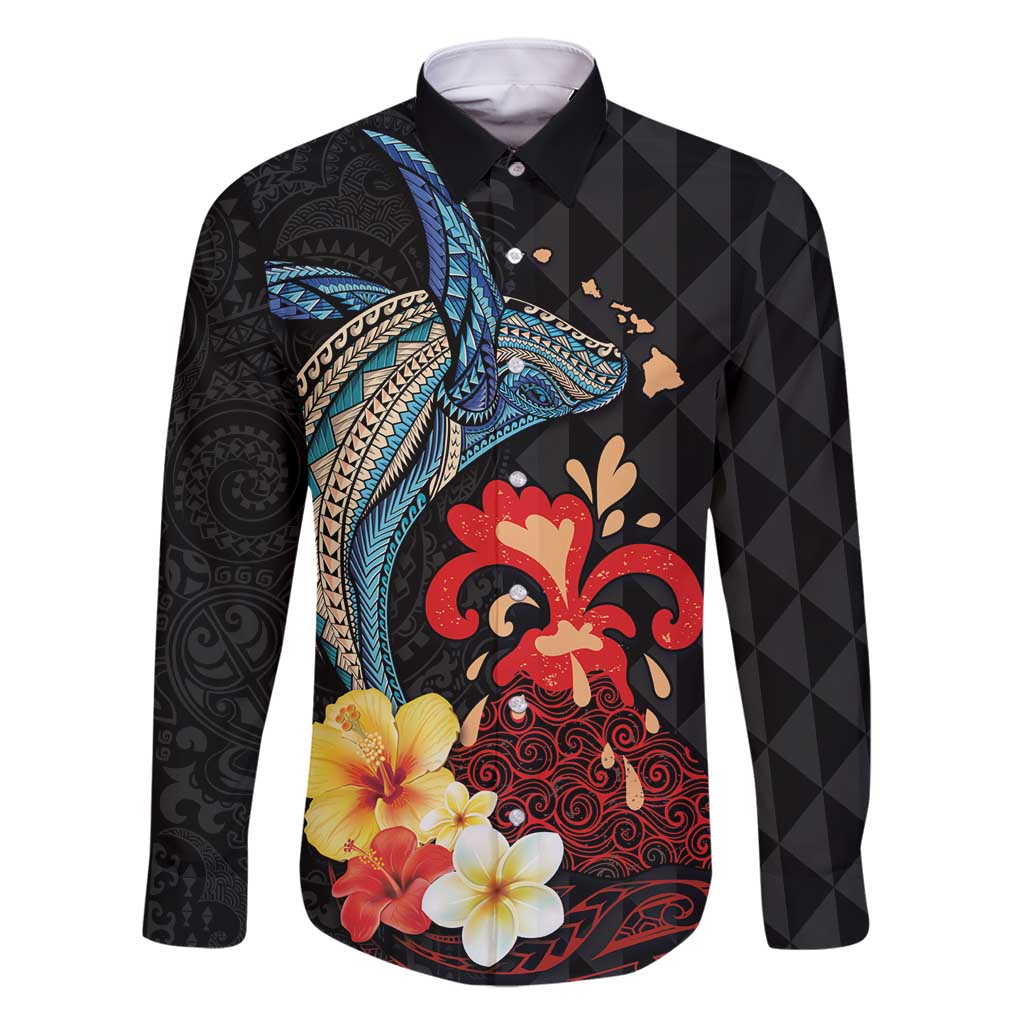 Hawaiian Whale and Volcanic Eruption Family Matching Long Sleeve Bodycon Dress and Hawaiian Shirt Hibiscus and Kakau Pattern