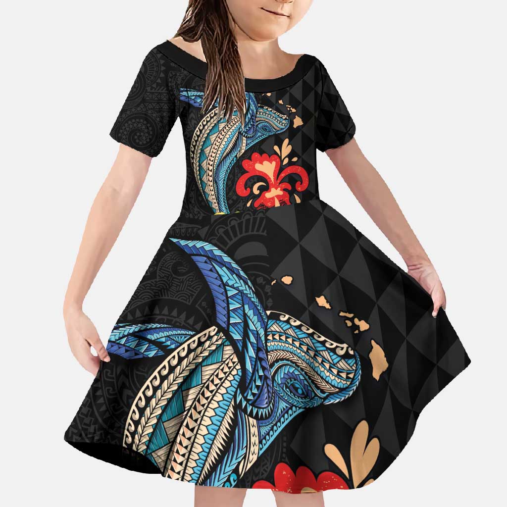 Hawaiian Whale and Volcanic Eruption Family Matching Mermaid Dress and Hawaiian Shirt Hibiscus and Kakau Pattern LT03 Daughter's Dress Black - Polynesian Pride