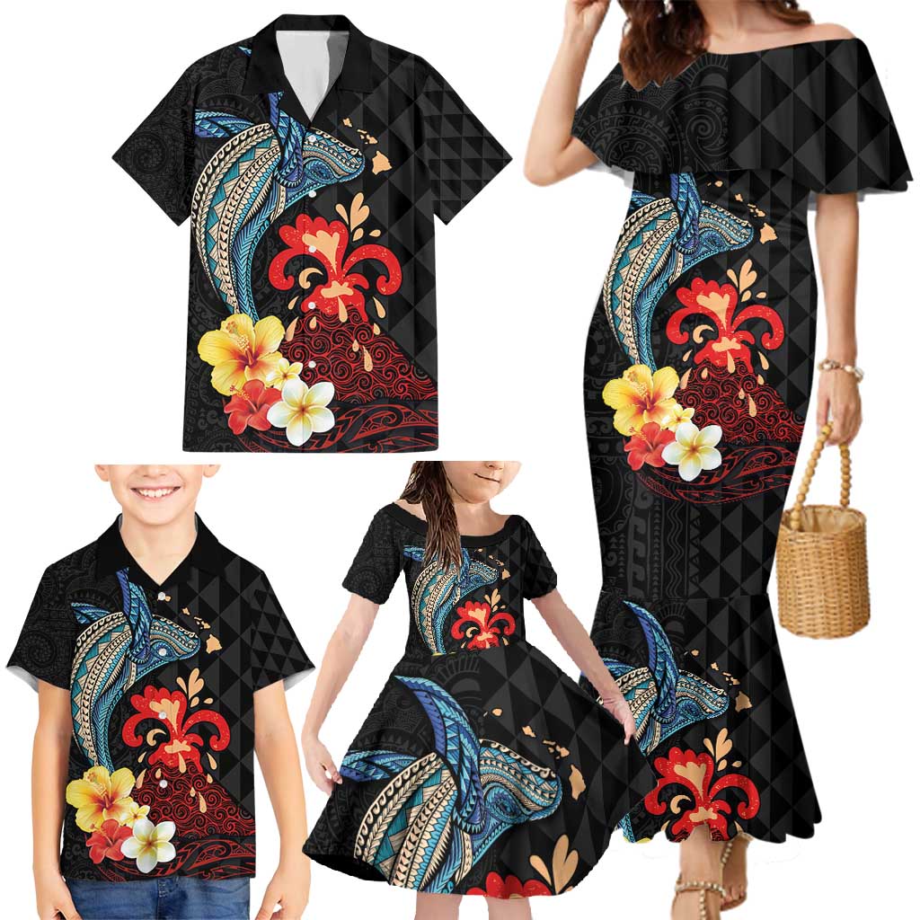 Hawaiian Whale and Volcanic Eruption Family Matching Mermaid Dress and Hawaiian Shirt Hibiscus and Kakau Pattern LT03 - Polynesian Pride