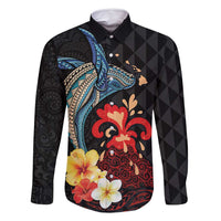 Hawaiian Whale and Volcanic Eruption Family Matching Off Shoulder Maxi Dress and Hawaiian Shirt Hibiscus and Kakau Pattern