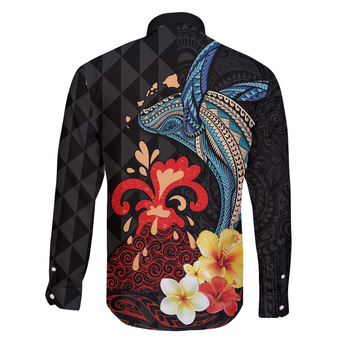 Hawaiian Whale and Volcanic Eruption Family Matching Off Shoulder Short Dress and Hawaiian Shirt Hibiscus and Kakau Pattern