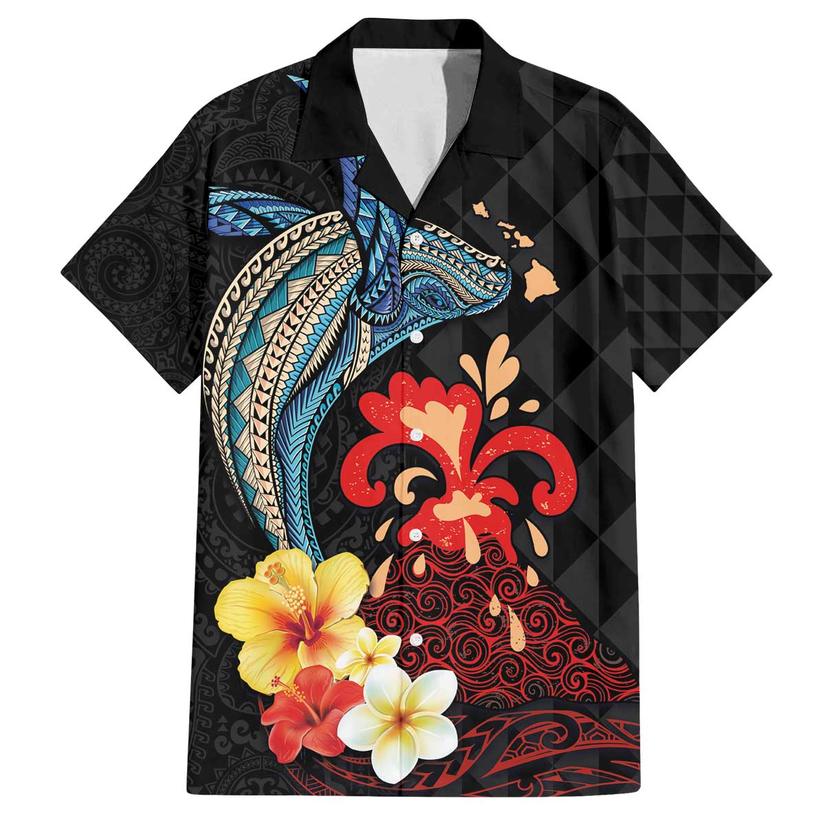 Hawaiian Whale and Volcanic Eruption Family Matching Puletasi and Hawaiian Shirt Hibiscus and Kakau Pattern