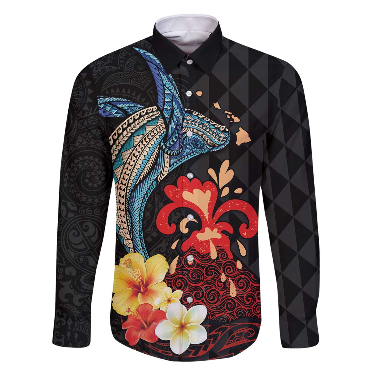 Hawaiian Whale and Volcanic Eruption Family Matching Puletasi and Hawaiian Shirt Hibiscus and Kakau Pattern