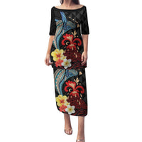 Hawaiian Whale and Volcanic Eruption Family Matching Puletasi and Hawaiian Shirt Hibiscus and Kakau Pattern