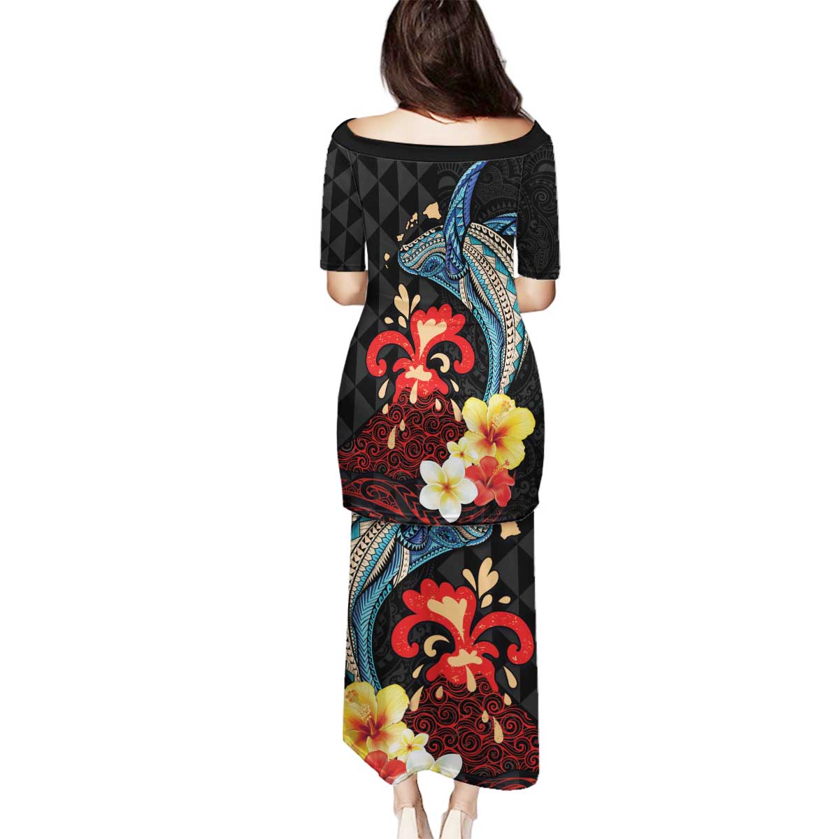 Hawaiian Whale and Volcanic Eruption Family Matching Puletasi and Hawaiian Shirt Hibiscus and Kakau Pattern