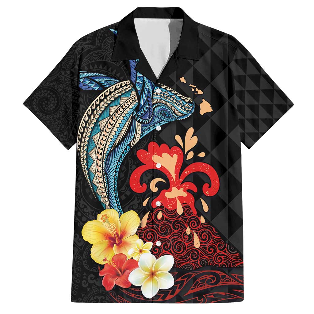 Hawaiian Whale and Volcanic Eruption Family Matching Short Sleeve Bodycon Dress and Hawaiian Shirt Hibiscus and Kakau Pattern LT03 Dad's Shirt - Short Sleeve Black - Polynesian Pride