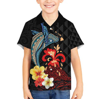 Hawaiian Whale and Volcanic Eruption Family Matching Short Sleeve Bodycon Dress and Hawaiian Shirt Hibiscus and Kakau Pattern LT03 Son's Shirt Black - Polynesian Pride