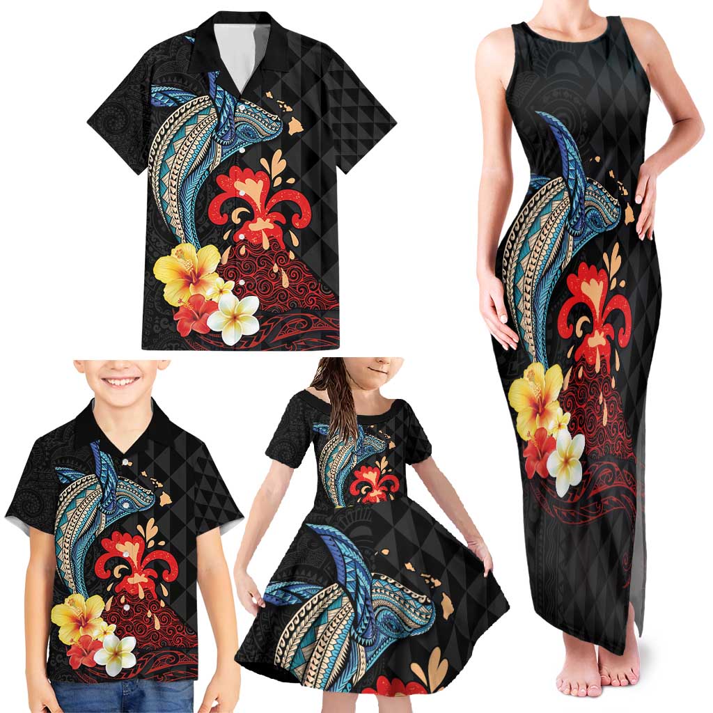 Hawaiian Whale and Volcanic Eruption Family Matching Tank Maxi Dress and Hawaiian Shirt Hibiscus and Kakau Pattern LT03 - Polynesian Pride