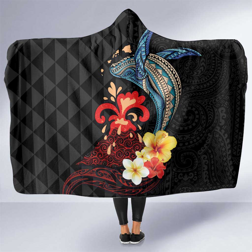 Hawaiian Whale and Volcanic Eruption Hooded Blanket Hibiscus and Kakau Pattern LT03 One Size Black - Polynesian Pride