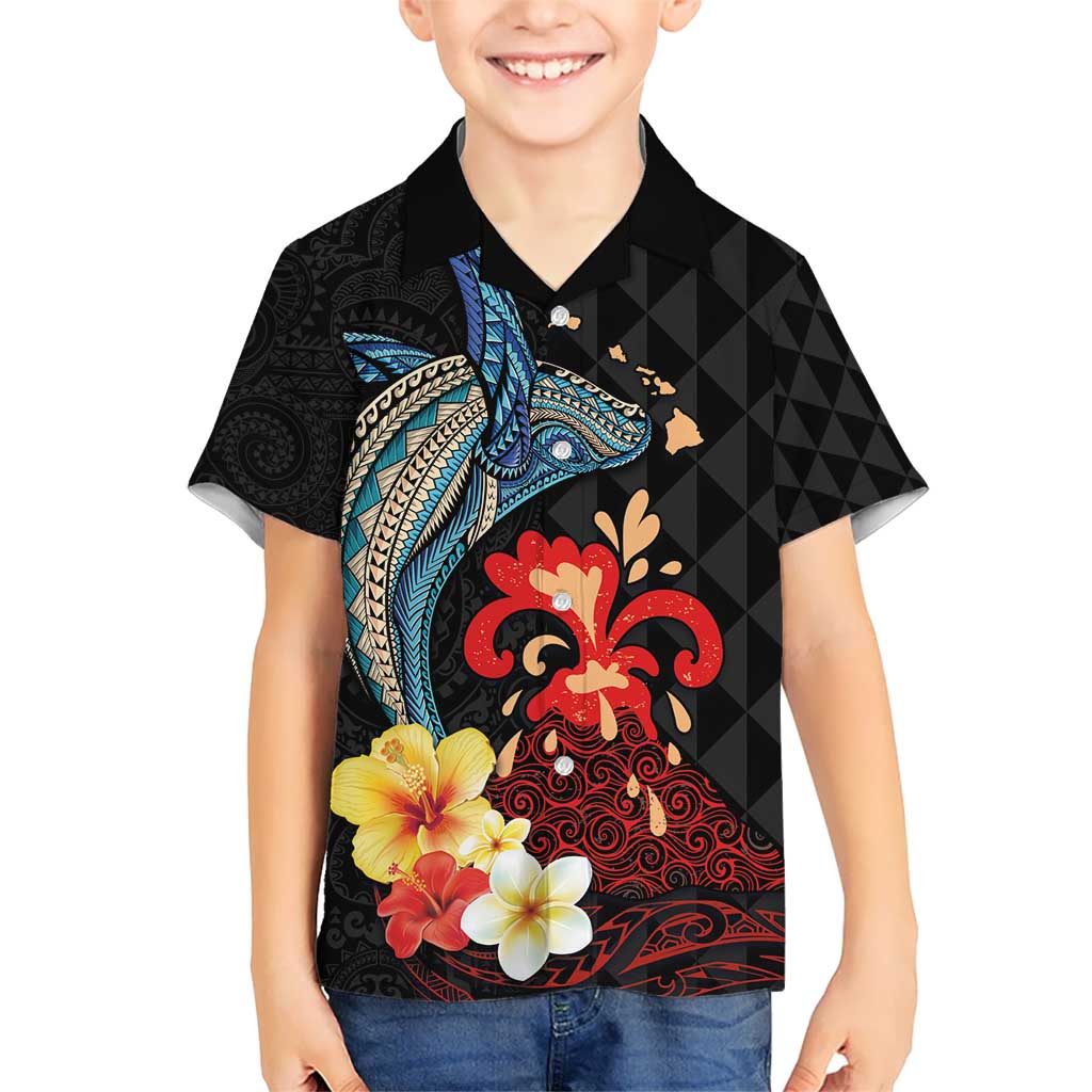 Hawaiian Whale and Volcanic Eruption Kid Hawaiian Shirt Hibiscus and Kakau Pattern