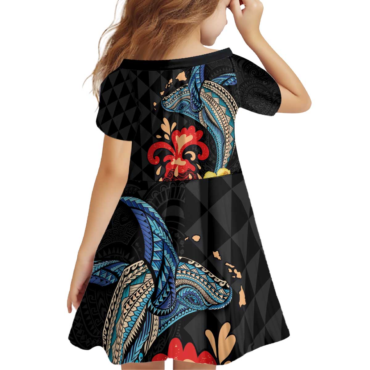 Hawaiian Whale and Volcanic Eruption Kid Short Sleeve Dress Hibiscus and Kakau Pattern