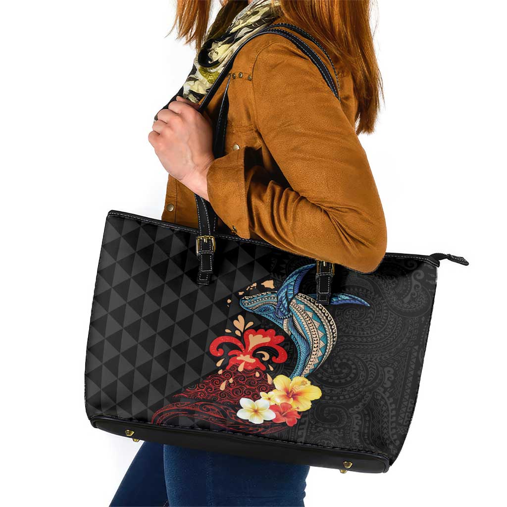 Hawaiian Whale and Volcanic Eruption Leather Tote Bag Hibiscus and Kakau Pattern LT03 Black - Polynesian Pride