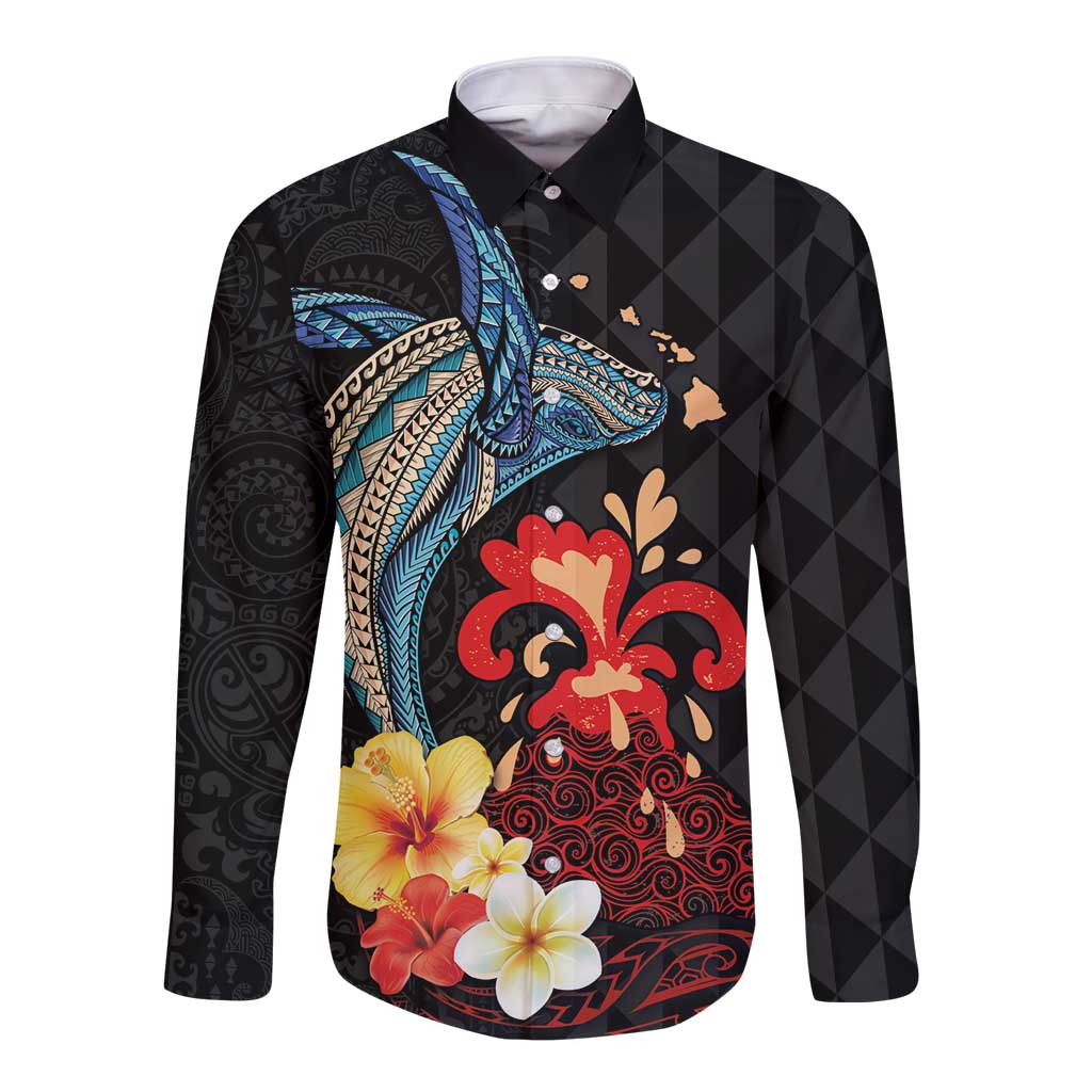 Hawaiian Whale and Volcanic Eruption Long Sleeve Button Shirt Hibiscus and Kakau Pattern LT03 Unisex Black - Polynesian Pride