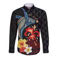 Hawaiian Whale and Volcanic Eruption Long Sleeve Button Shirt Hibiscus and Kakau Pattern LT03 Unisex Black - Polynesian Pride