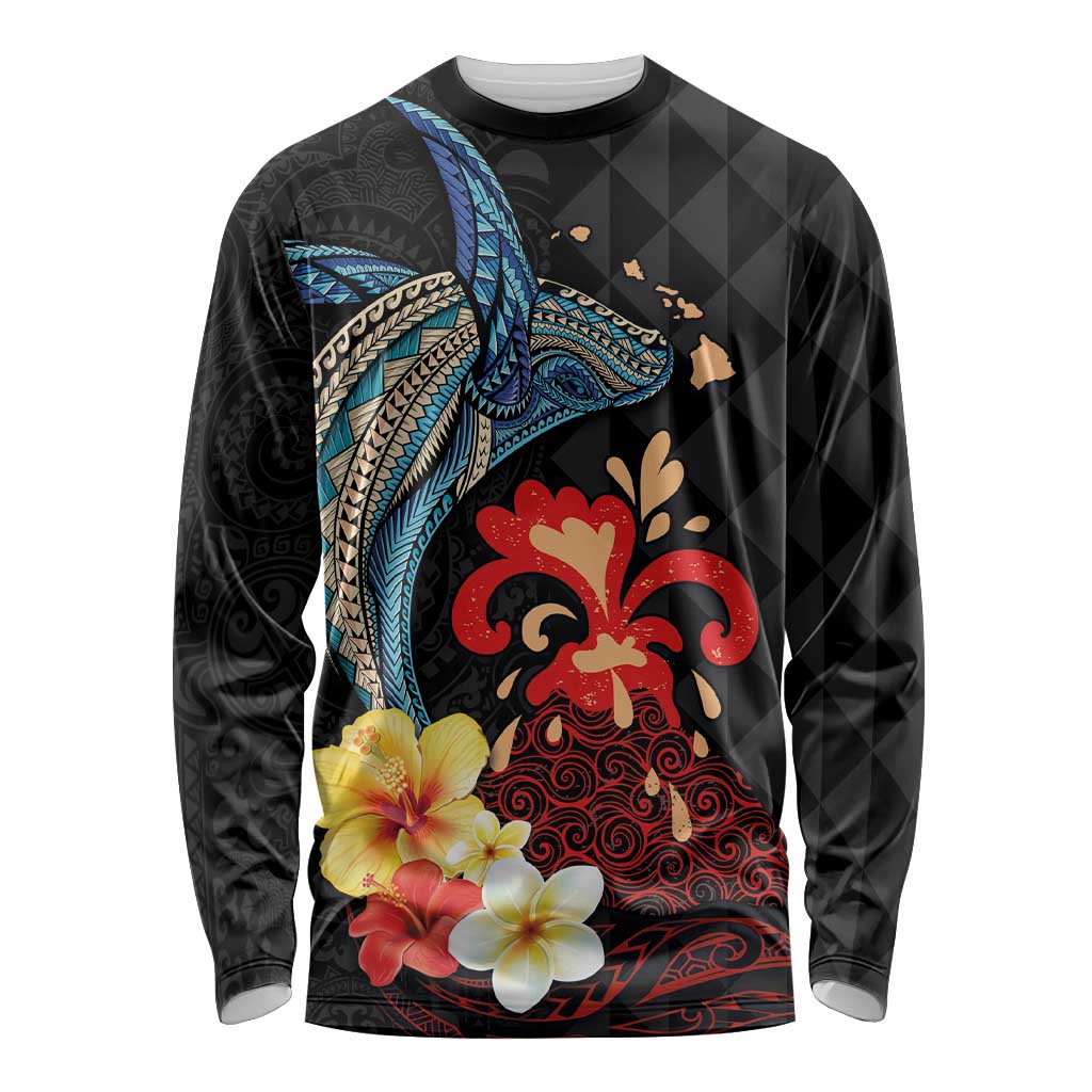 Hawaiian Whale and Volcanic Eruption Long Sleeve Shirt Hibiscus and Kakau Pattern LT03 Unisex Black - Polynesian Pride