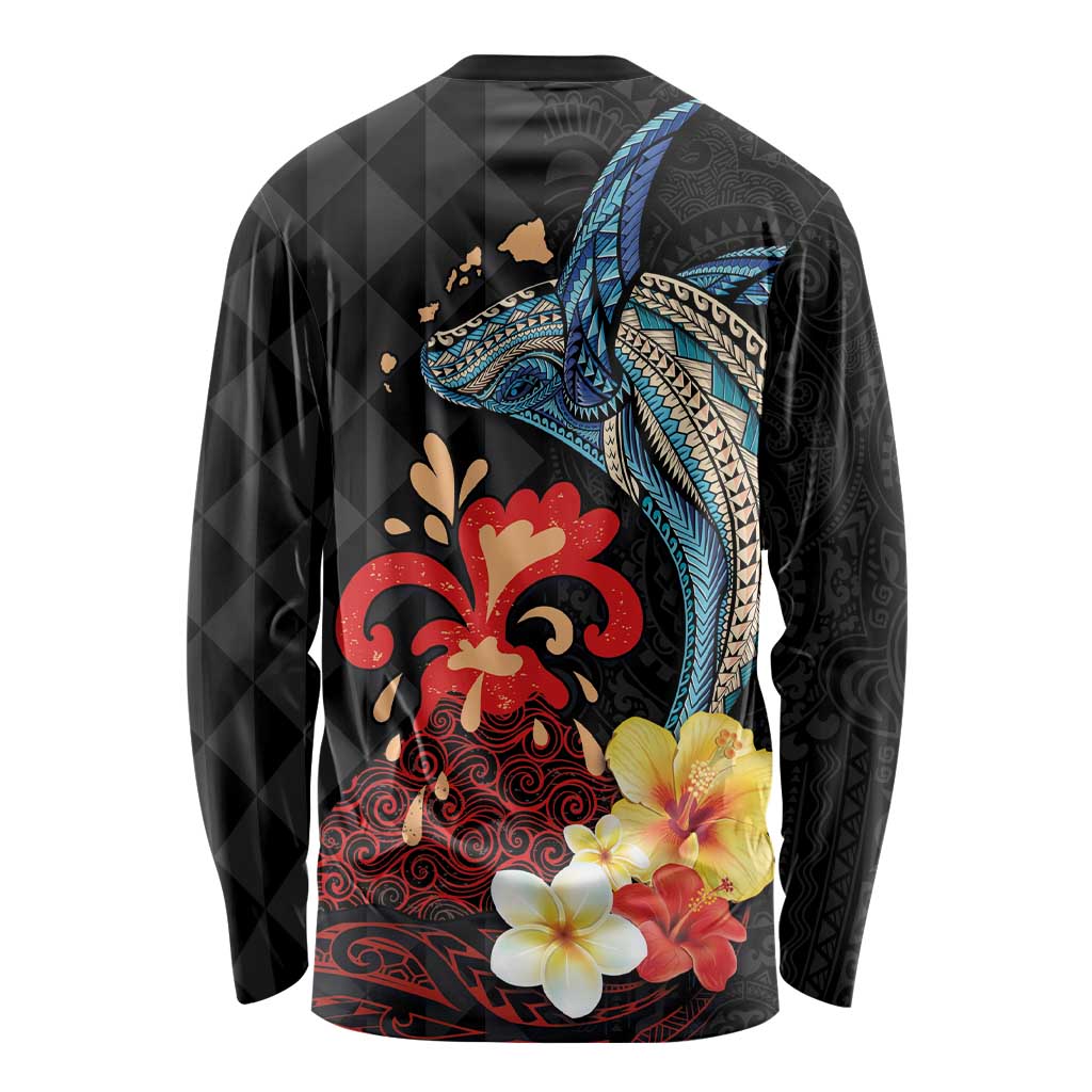 Hawaiian Whale and Volcanic Eruption Long Sleeve Shirt Hibiscus and Kakau Pattern LT03 - Polynesian Pride