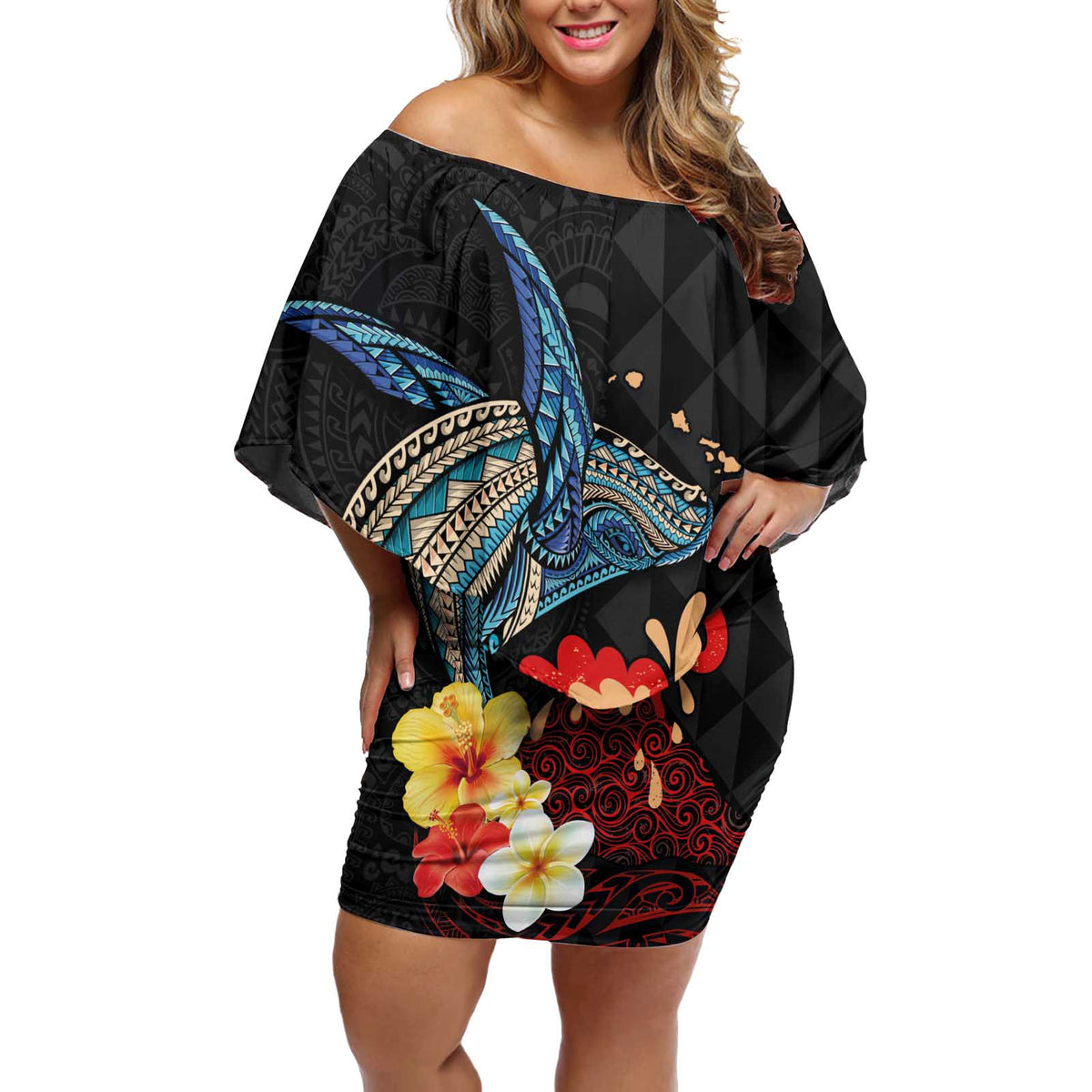Hawaiian Whale and Volcanic Eruption Off Shoulder Short Dress Hibiscus and Kakau Pattern LT03 Women Black - Polynesian Pride
