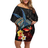 Hawaiian Whale and Volcanic Eruption Off Shoulder Short Dress Hibiscus and Kakau Pattern LT03 Women Black - Polynesian Pride