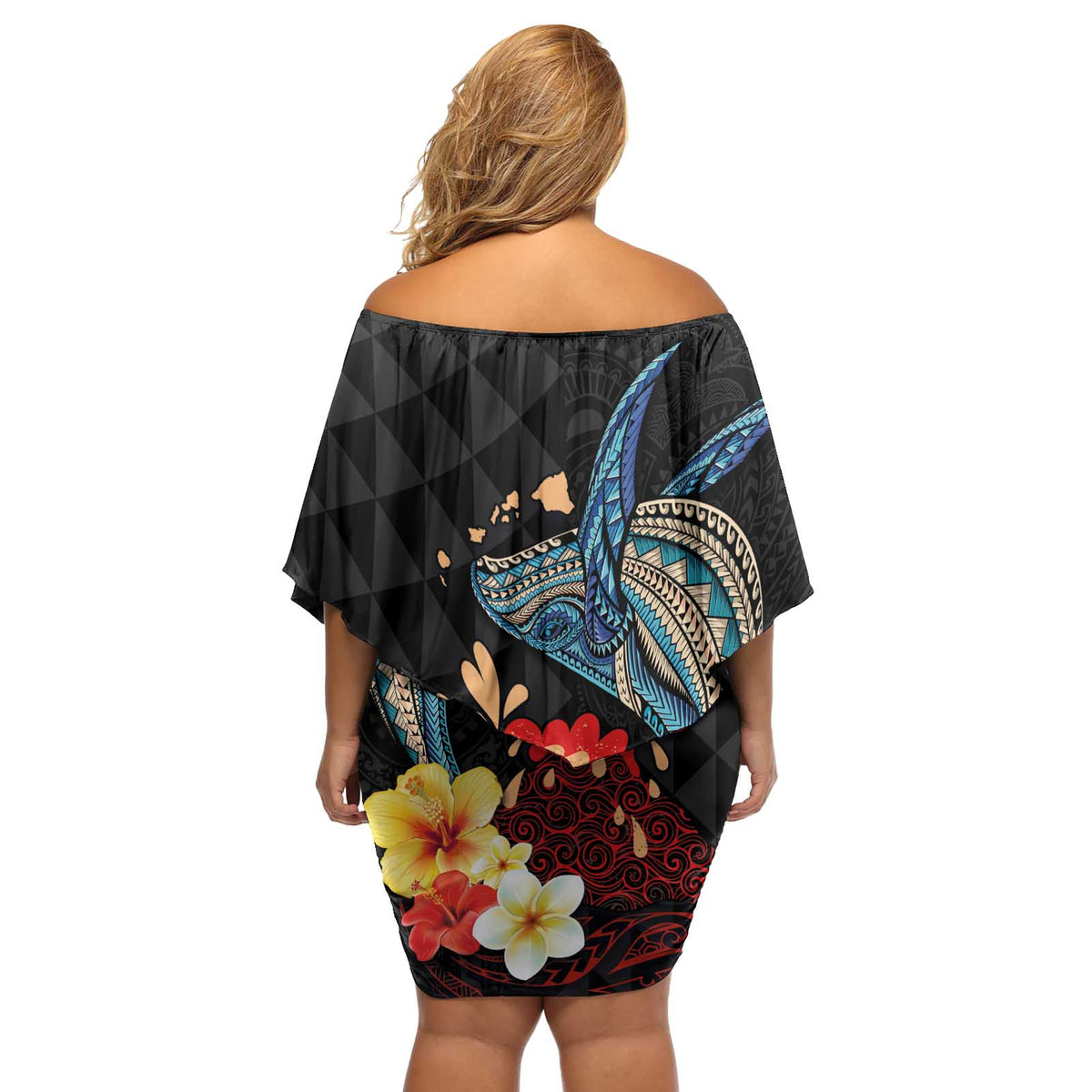 Hawaiian Whale and Volcanic Eruption Off Shoulder Short Dress Hibiscus and Kakau Pattern LT03 - Polynesian Pride