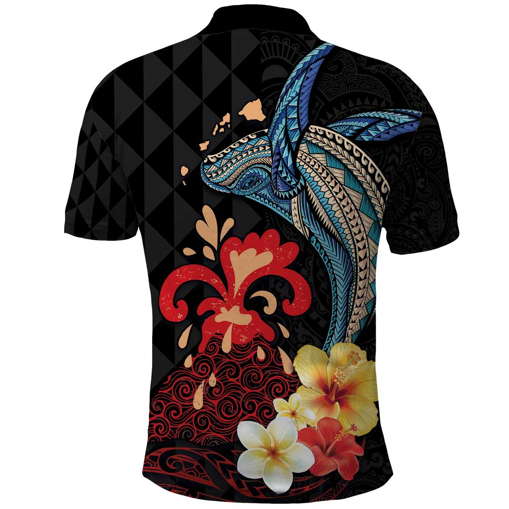 Hawaiian Whale and Volcanic Eruption Polo Shirt Hibiscus and Kakau Pattern
