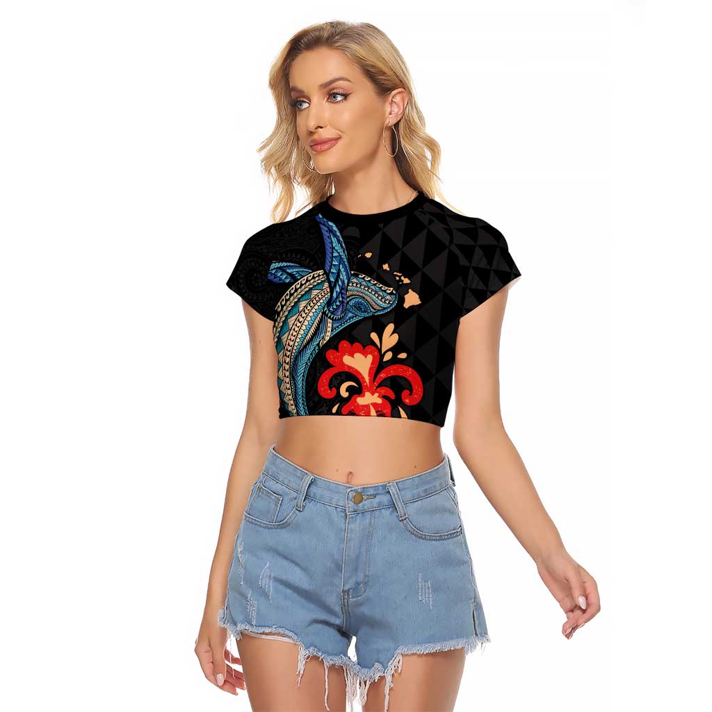 Hawaiian Whale and Volcanic Eruption Raglan Cropped T Shirt Hibiscus and Kakau Pattern LT03 Female Black - Polynesian Pride