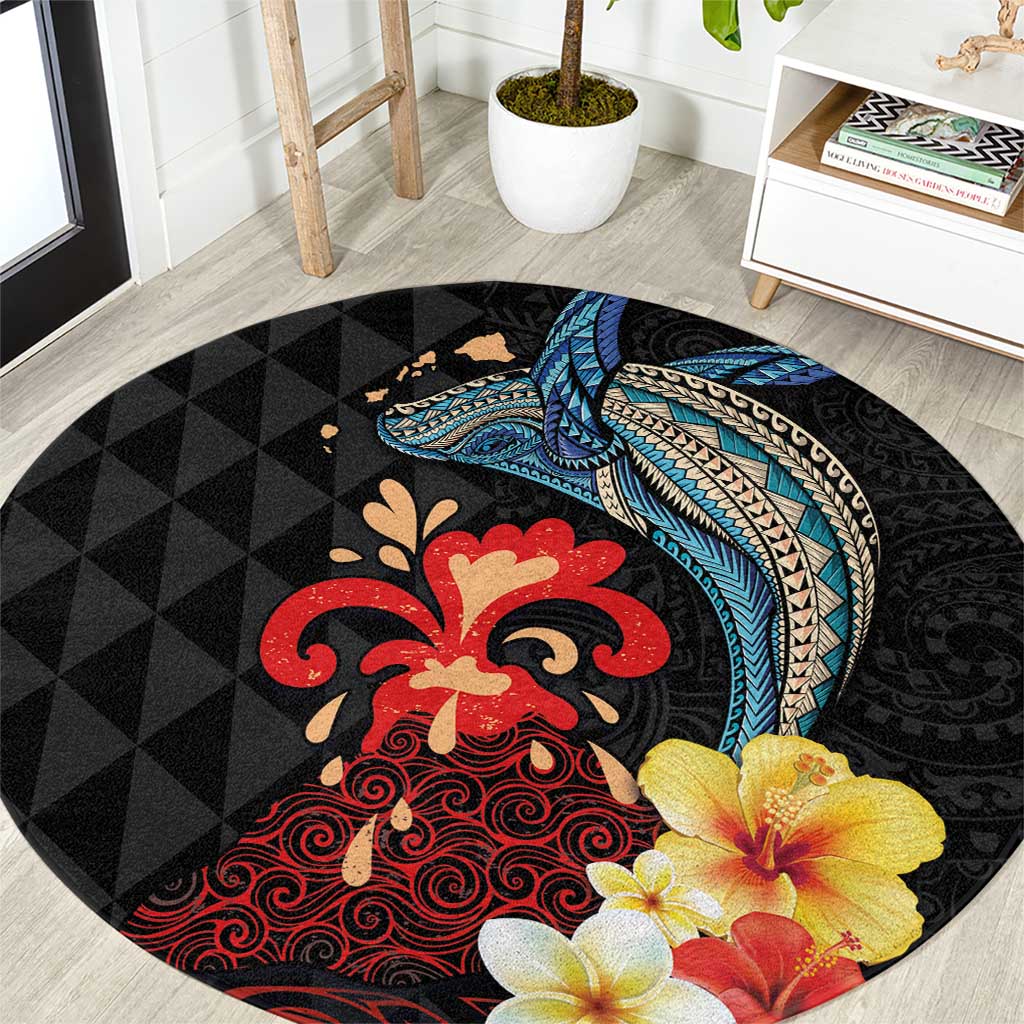 Hawaiian Whale and Volcanic Eruption Round Carpet Hibiscus and Kakau Pattern LT03 Black - Polynesian Pride