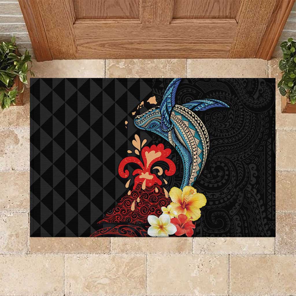 Hawaiian Whale and Volcanic Eruption Rubber Doormat Hibiscus and Kakau Pattern LT03 Black - Polynesian Pride