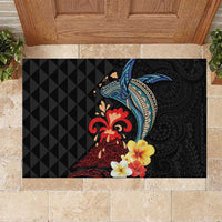 Hawaiian Whale and Volcanic Eruption Rubber Doormat Hibiscus and Kakau Pattern