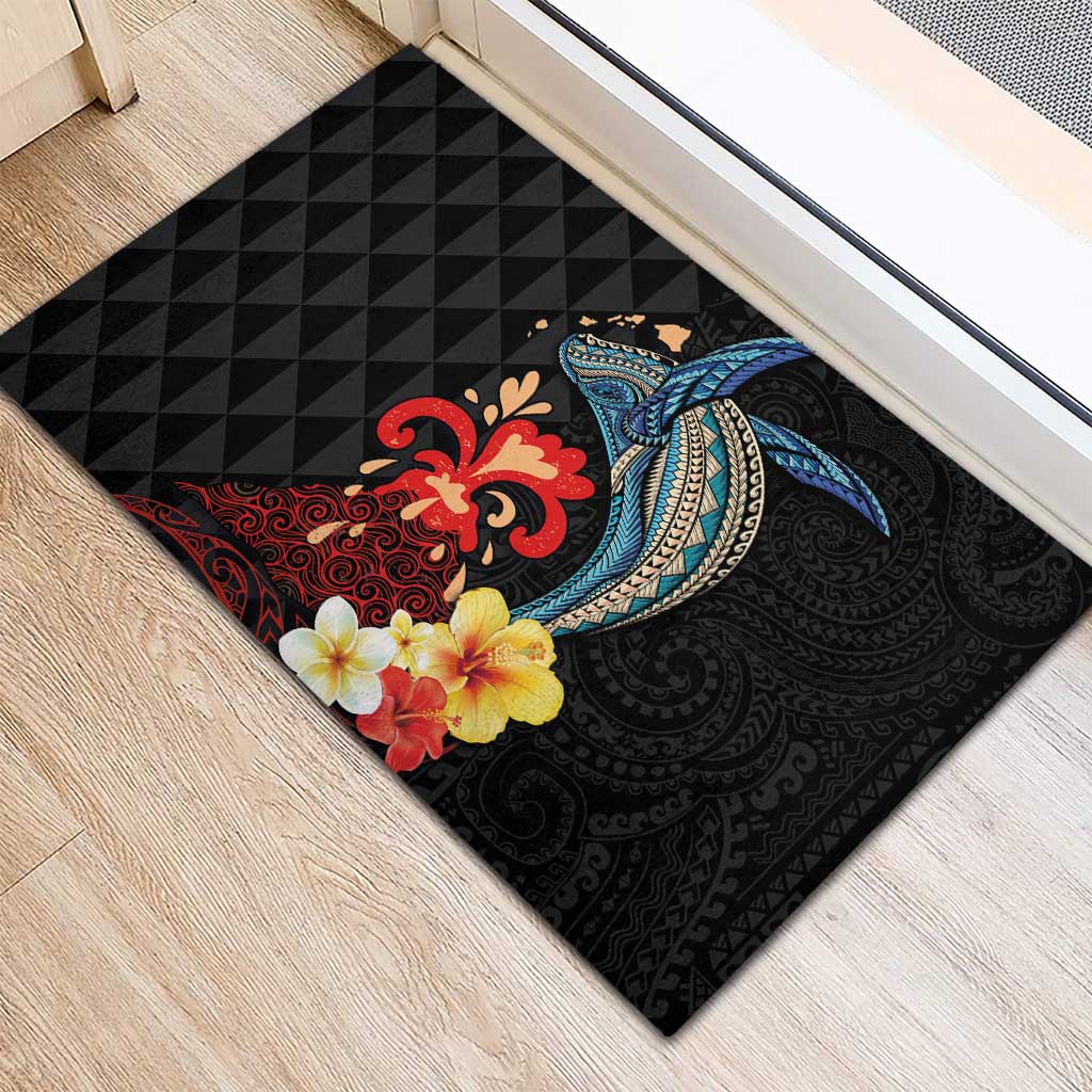 Hawaiian Whale and Volcanic Eruption Rubber Doormat Hibiscus and Kakau Pattern