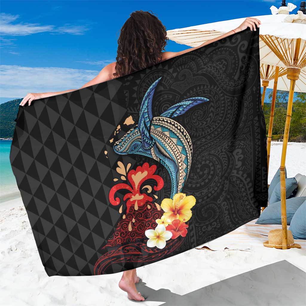 Hawaiian Whale and Volcanic Eruption Sarong Hibiscus and Kakau Pattern LT03 One Size 44 x 66 inches Black - Polynesian Pride
