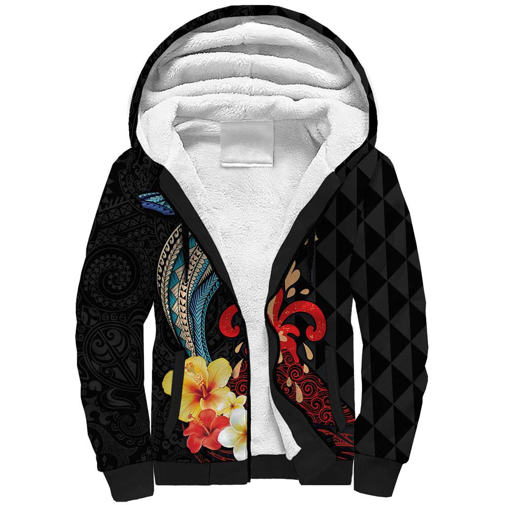 Hawaiian Whale and Volcanic Eruption Sherpa Hoodie Hibiscus and Kakau Pattern LT03 Unisex Black - Polynesian Pride