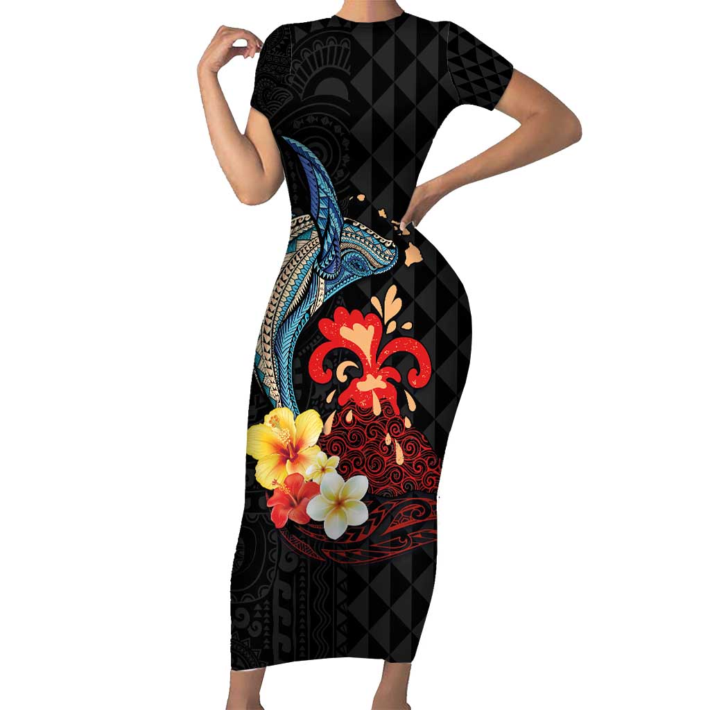 Hawaiian Whale and Volcanic Eruption Short Sleeve Bodycon Dress Hibiscus and Kakau Pattern LT03 Long Dress Black - Polynesian Pride