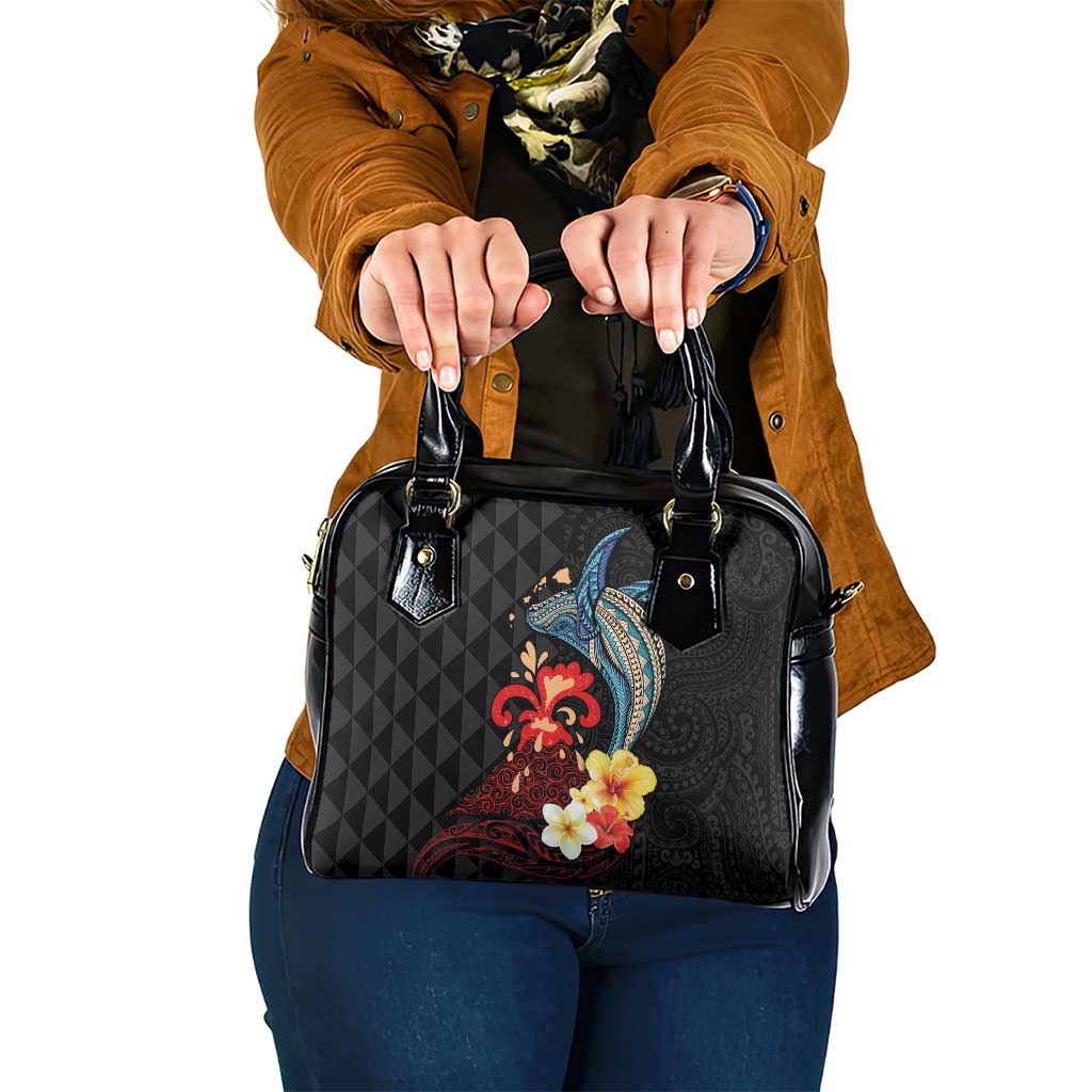 Hawaiian Whale and Volcanic Eruption Shoulder Handbag Hibiscus and Kakau Pattern LT03 One Size Black - Polynesian Pride