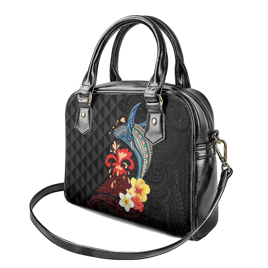 Hawaiian Whale and Volcanic Eruption Shoulder Handbag Hibiscus and Kakau Pattern