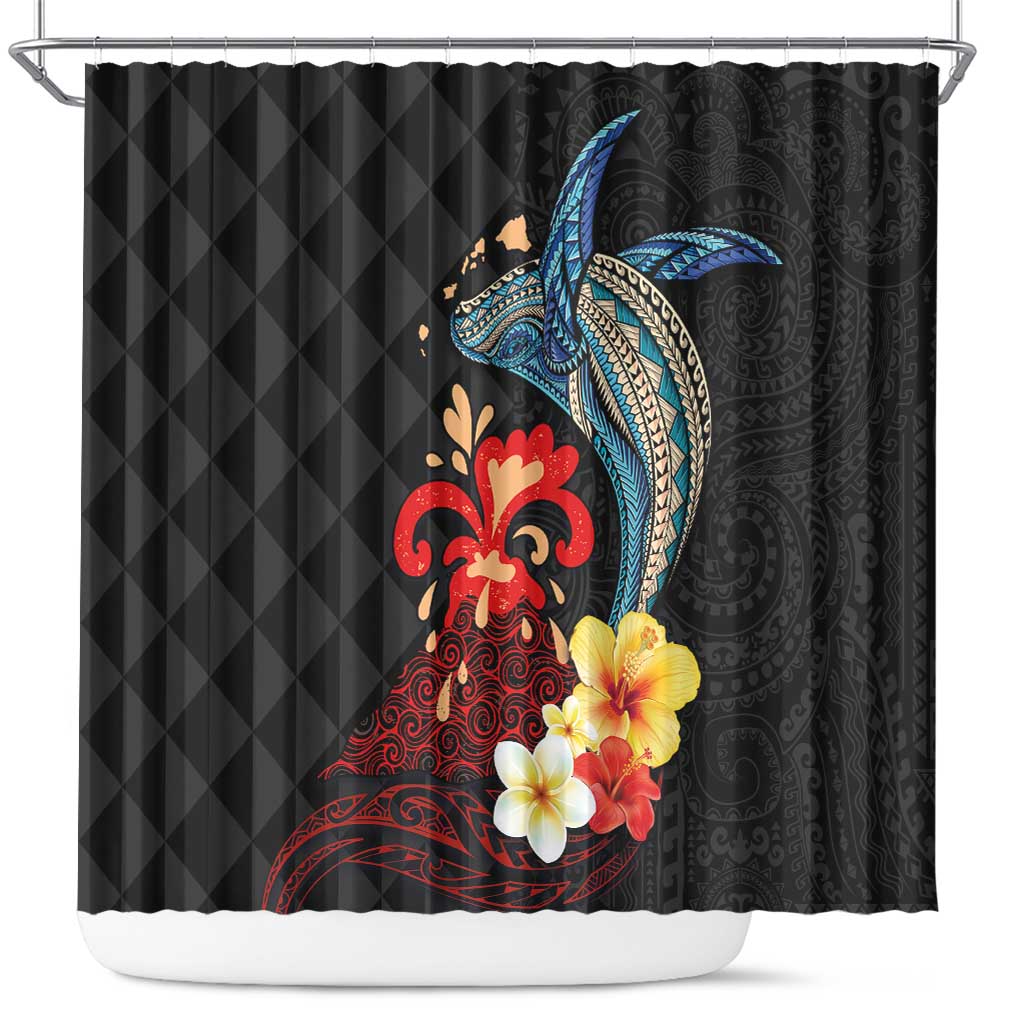Hawaiian Whale and Volcanic Eruption Shower Curtain Hibiscus and Kakau Pattern LT03 Black - Polynesian Pride