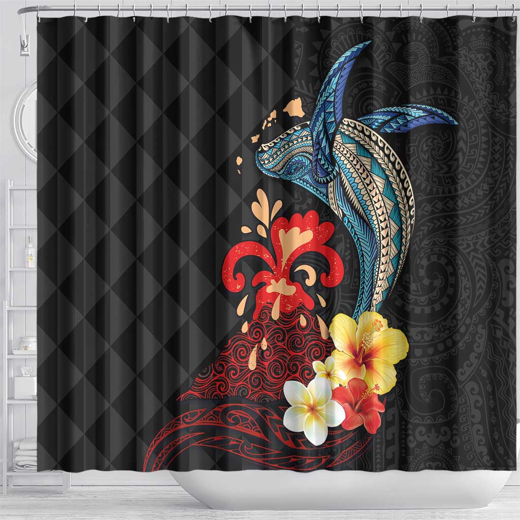 Hawaiian Whale and Volcanic Eruption Shower Curtain Hibiscus and Kakau Pattern LT03 - Polynesian Pride