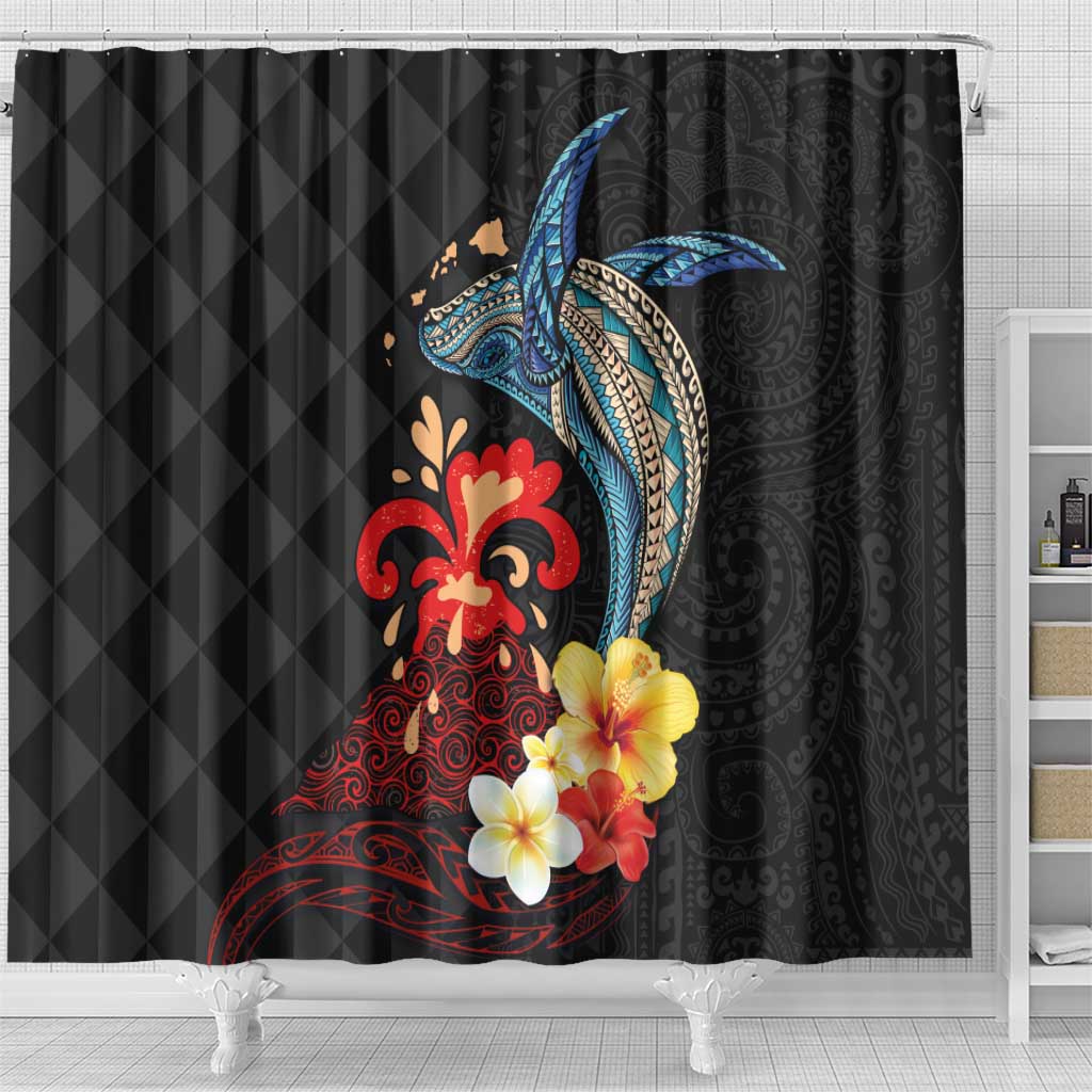 Hawaiian Whale and Volcanic Eruption Shower Curtain Hibiscus and Kakau Pattern LT03 - Polynesian Pride