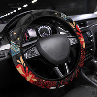 Hawaiian Whale and Volcanic Eruption Steering Wheel Cover Hibiscus and Kakau Pattern LT03 Universal Fit Black - Polynesian Pride
