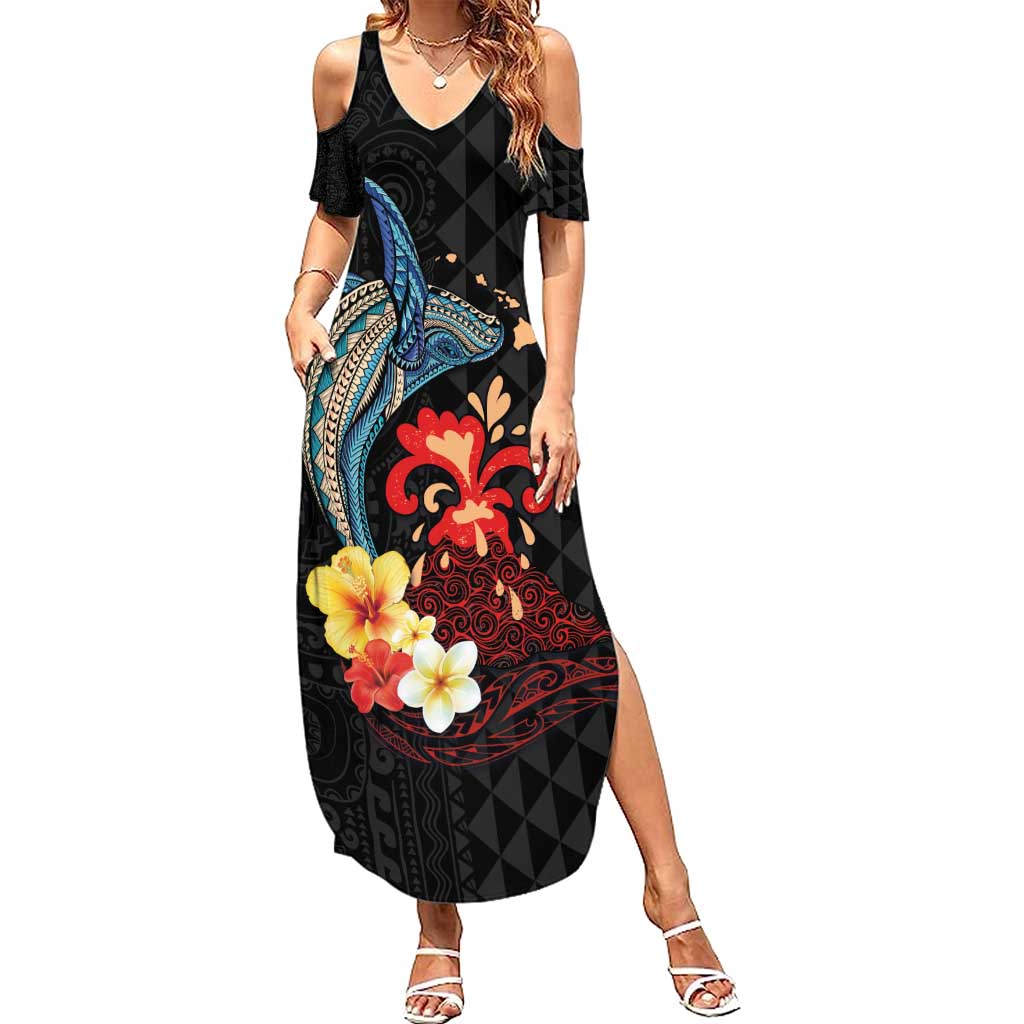 Hawaiian Whale and Volcanic Eruption Summer Maxi Dress Hibiscus and Kakau Pattern LT03 Women Black - Polynesian Pride