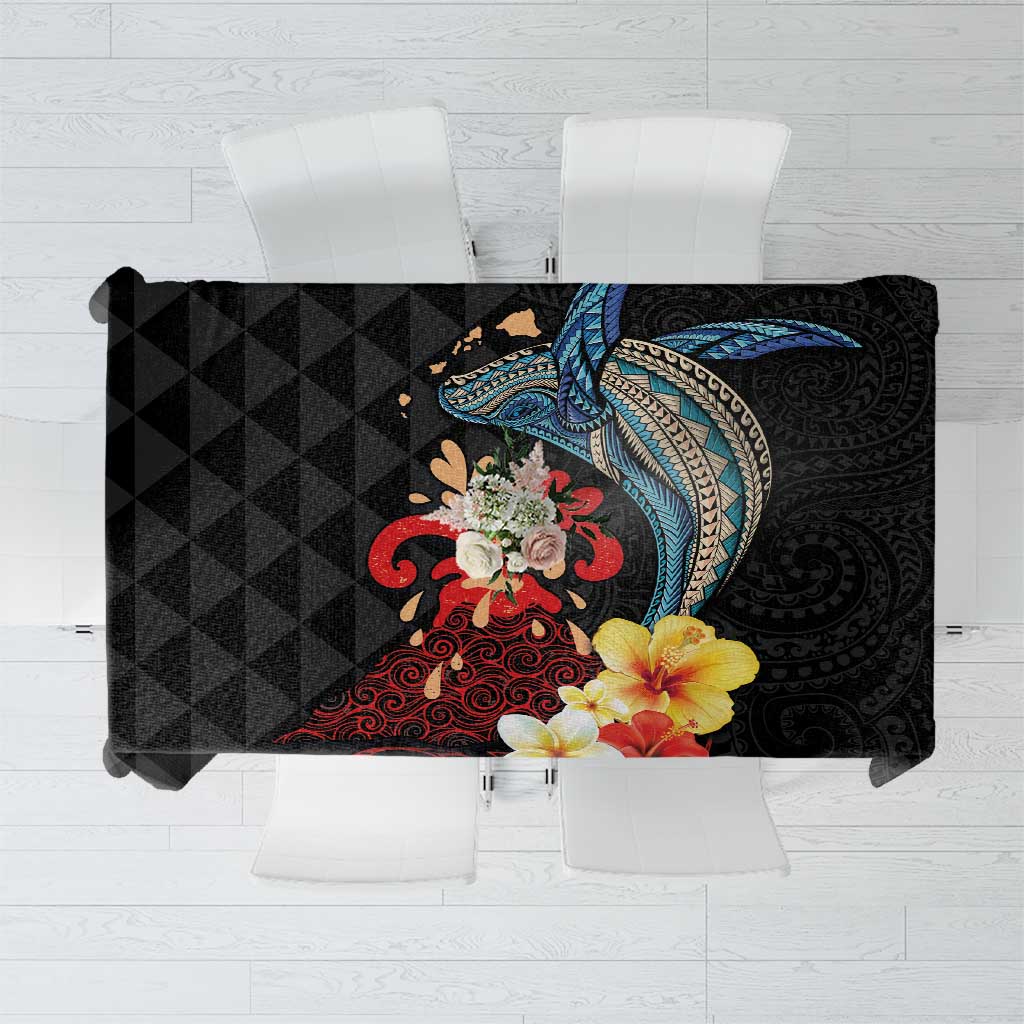 Hawaiian Whale and Volcanic Eruption Tablecloth Hibiscus and Kakau Pattern LT03 Black - Polynesian Pride