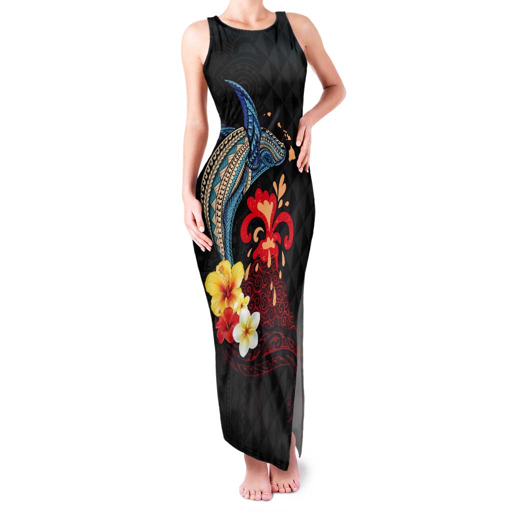 Hawaiian Whale and Volcanic Eruption Tank Maxi Dress Hibiscus and Kakau Pattern LT03 Women Black - Polynesian Pride