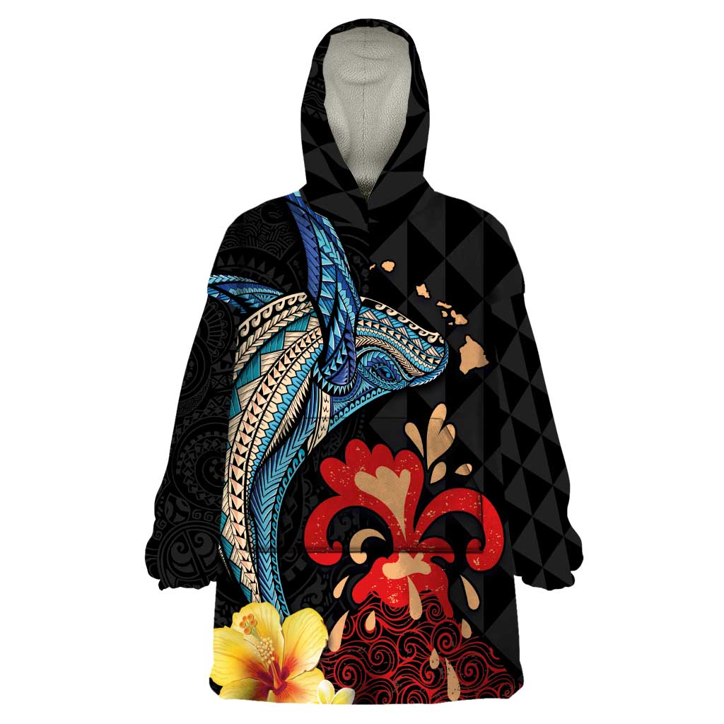 Hawaiian Whale and Volcanic Eruption Wearable Blanket Hoodie Hibiscus and Kakau Pattern LT03 One Size Black - Polynesian Pride
