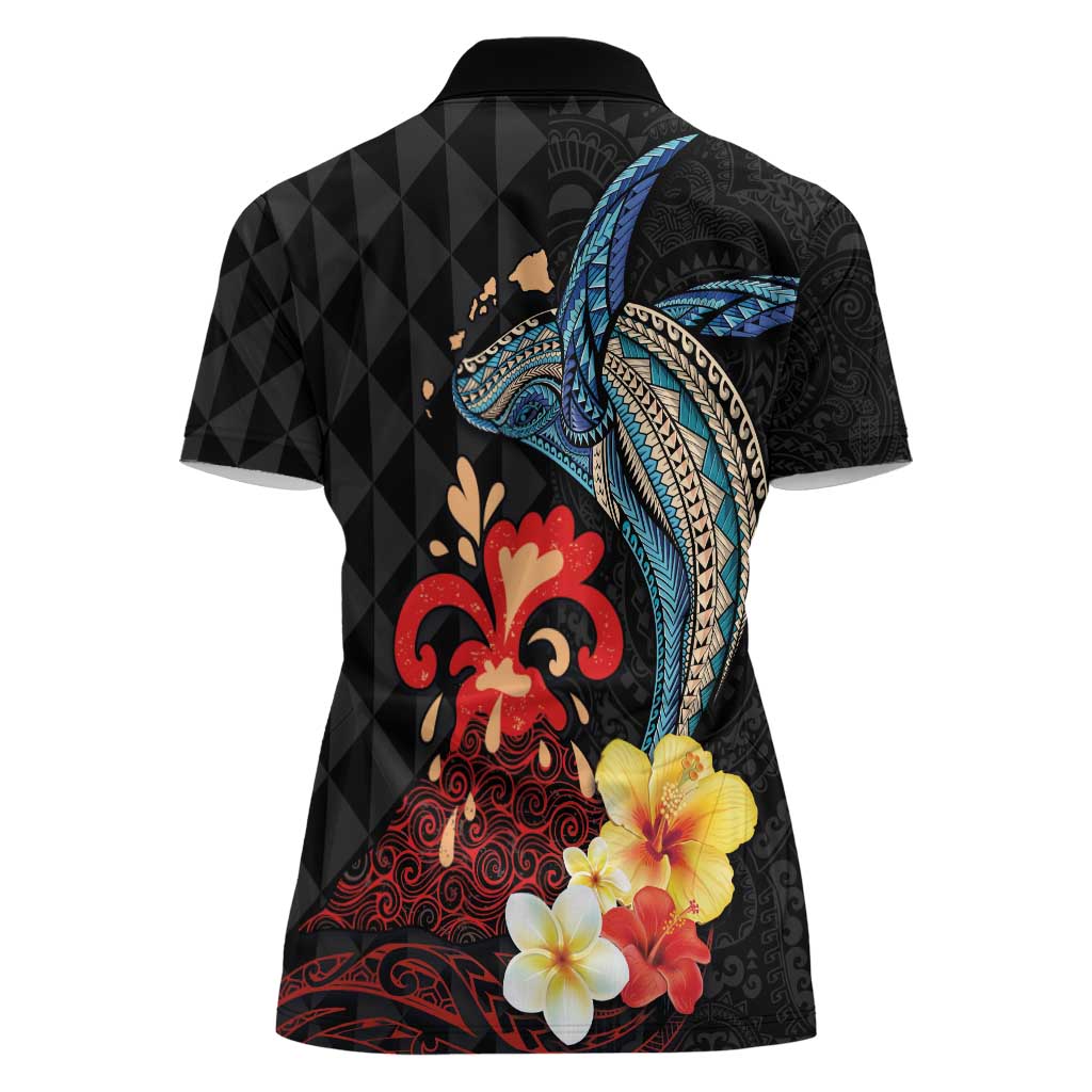 Hawaiian Whale and Volcanic Eruption Women Polo Shirt Hibiscus and Kakau Pattern