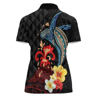 Hawaiian Whale and Volcanic Eruption Women Polo Shirt Hibiscus and Kakau Pattern