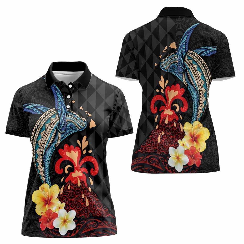 Hawaiian Whale and Volcanic Eruption Women Polo Shirt Hibiscus and Kakau Pattern