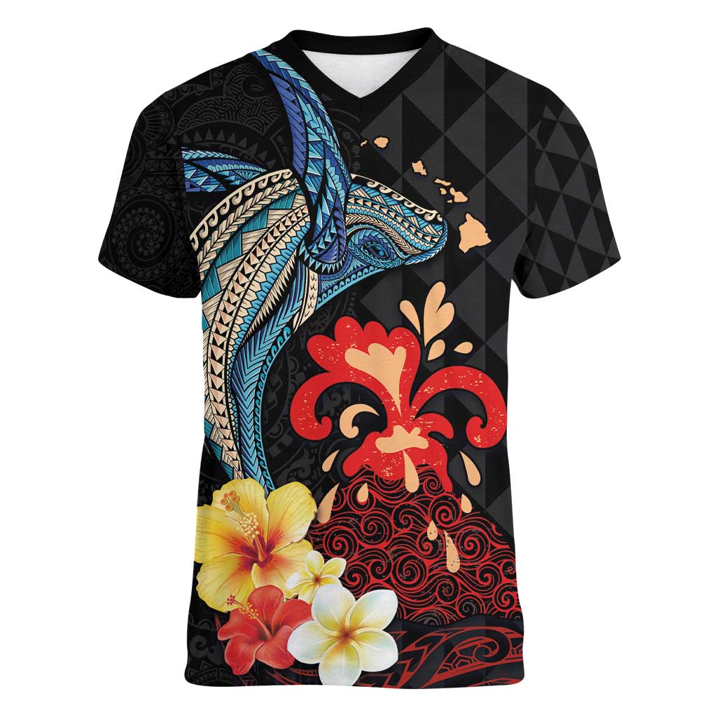 Hawaiian Whale and Volcanic Eruption Women V-Neck T-Shirt Hibiscus and Kakau Pattern LT03 Female Black - Polynesian Pride