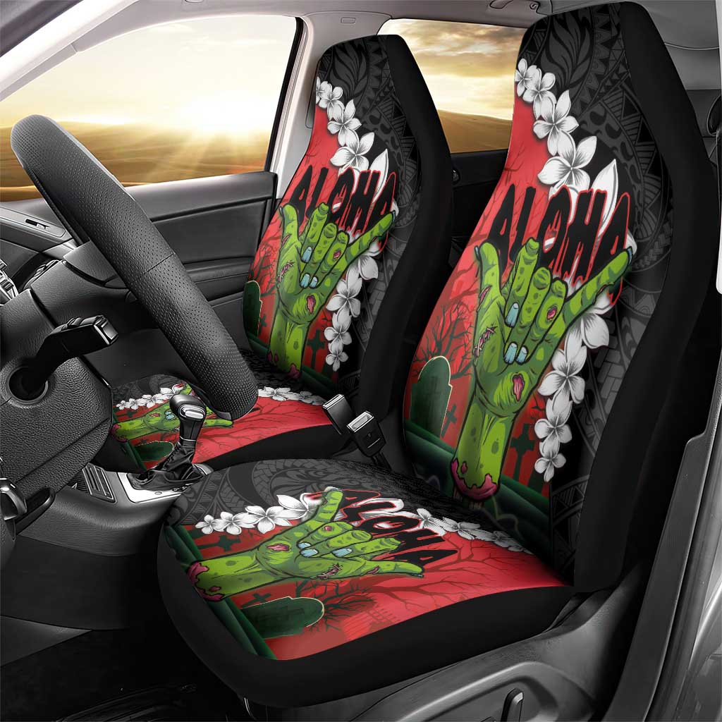 Hawaiian Halloween Car Seat Cover Horror Shaka Hand with Plumeria and Polynesian Tattoo Blood Color
